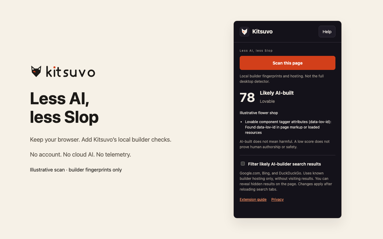 Illustrative Kitsuvo extension scan showing a Lovable component fingerprint and a score of 78, Likely AI-built